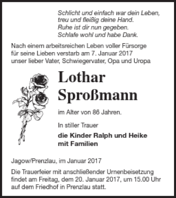 Traueranzeige von Lothar Sproßmann von Prenzlauer Zeitung