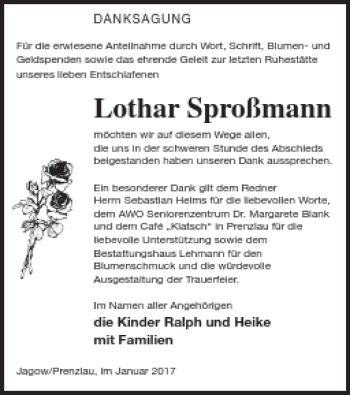 Traueranzeige von Lothar Sproßmann von Prenzlauer Zeitung