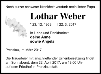 Traueranzeige von Lothar Weber von Prenzlauer Zeitung