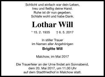 Traueranzeige von Lothar Will von Müritz-Zeitung