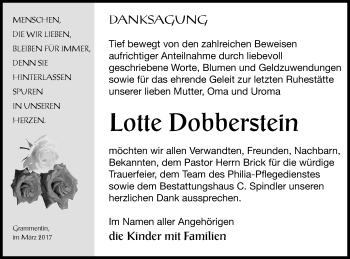 Traueranzeige von Lotte Dobberstein von Mecklenburger Schweiz