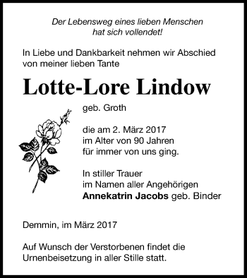 Traueranzeige von Lotte-Lore Lindow von Demminer Zeitung