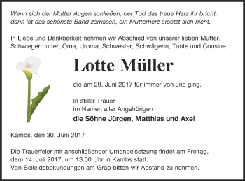 Traueranzeige von Lotte Müller von Müritz-Zeitung