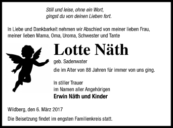 Traueranzeige von Lotte Näth von Neubrandenburger Zeitung