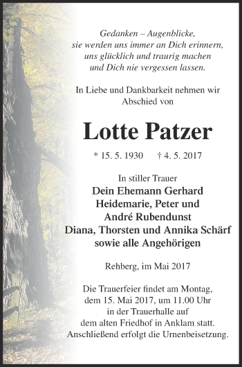 Traueranzeige von Lotte Patzer von Vorpommern Kurier