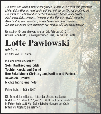 Traueranzeige von Lotte Pawlowski von Pasewalker Zeitung