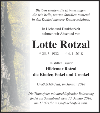 Traueranzeige von Lotte Rotzal von Strelitzer Zeitung