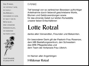 Traueranzeige von Lotte Rotzal von Strelitzer Zeitung