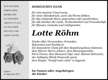 Traueranzeige von Lotte Röhm von Pasewalker Zeitung