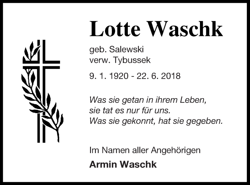  Traueranzeige für Lotte Waschk vom 26.06.2018 aus Mecklenburger Schweiz