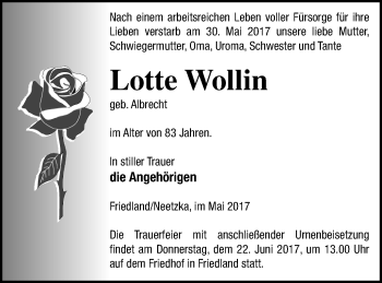 Traueranzeige von Lotte Wollin von Neubrandenburger Zeitung