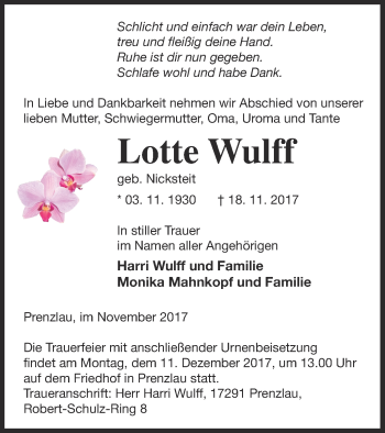 Traueranzeige von Lotte Wulff von Prenzlauer Zeitung