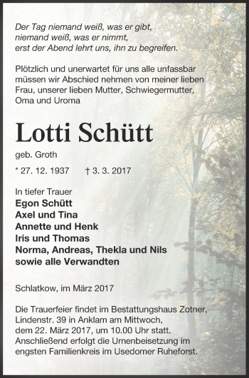 Traueranzeige von Lotti Schütt von Vorpommern Kurier