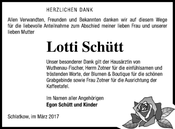 Traueranzeige von Lotti Schütt von Vorpommern Kurier