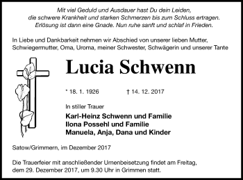 Traueranzeige von Lucia Schwenn von Müritz-Zeitung