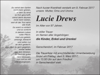 Traueranzeige von Lucie Drews von Demminer Zeitung