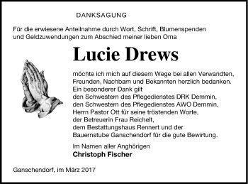 Traueranzeige von Lucie Drews von Demminer Zeitung