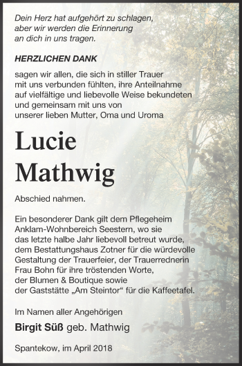 Traueranzeige von Lucie Mathwig von Vorpommern Kurier