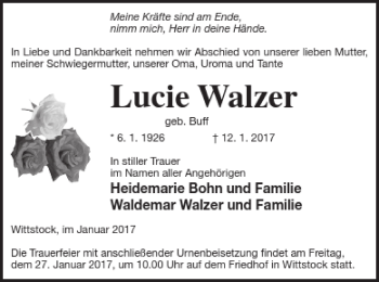 Traueranzeige von Lucie Walzer von Prenzlauer Zeitung