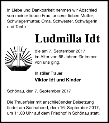 Traueranzeige von Ludmilla Idt von Müritz-Zeitung