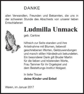 Traueranzeige von Ludmilla Unmack von Müritz-Zeitung