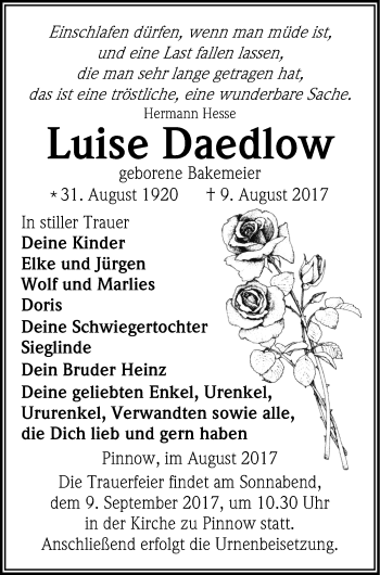 Traueranzeige von Luise Daedlow von Vorpommern Kurier