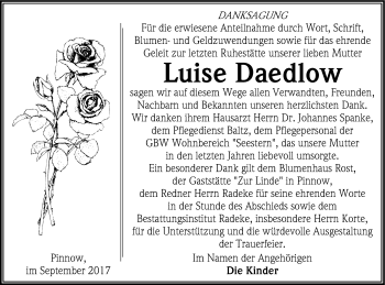 Traueranzeige von Luise Daedlow von Vorpommern Kurier