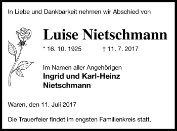 Traueranzeige von Luise Nietschmann von Müritz-Zeitung