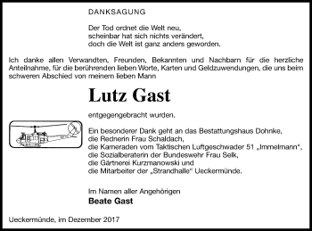Traueranzeige von Lutz Gast von Haff-Zeitung