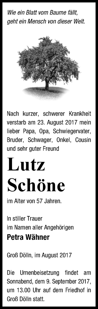 Traueranzeige von Lutz Schöne von Templiner Zeitung