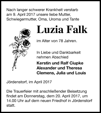 Traueranzeige von Luzia Falk von Mecklenburger Schweiz