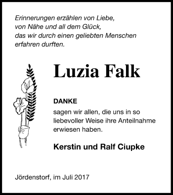 Traueranzeige von Luzia Falk von Mecklenburger Schweiz