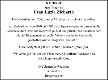 Traueranzeige von Luzia Ziebarth von Neubrandenburger Zeitung