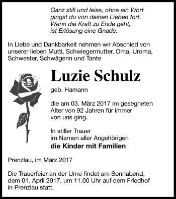 Traueranzeige von Luzie Schulz von Prenzlauer Zeitung