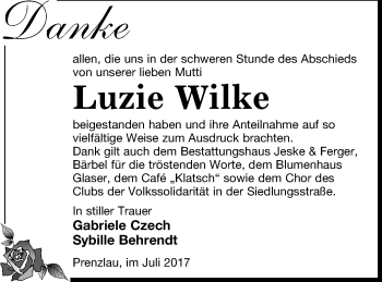 Traueranzeige von Luzie Wilke von Prenzlauer Zeitung