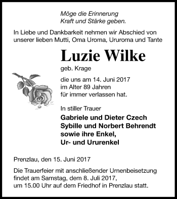 Traueranzeige von Luzie Wilke von Prenzlauer Zeitung