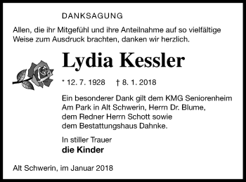 Traueranzeige von Lydia Kessler von Müritz-Zeitung