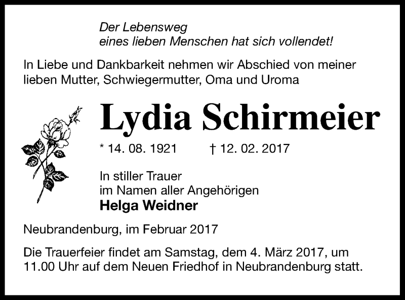  Traueranzeige für Lydia Schirmeier vom 24.02.2017 aus Neubrandenburger Zeitung