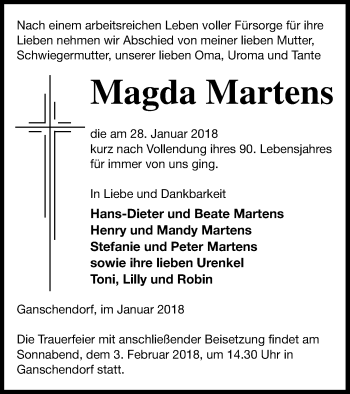 Traueranzeige von Magda Martens von Demminer Zeitung