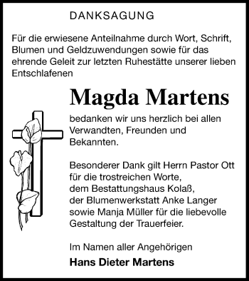 Traueranzeige von Magda Martens von Demminer Zeitung