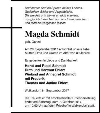 Traueranzeige von Magda Schmidt von Mecklenburger Schweiz