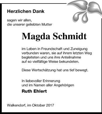 Traueranzeige von Magda Schmidt von Mecklenburger Schweiz