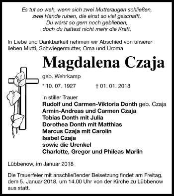 Traueranzeige von Magdalena Czaja von Pasewalker Zeitung