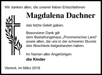 Traueranzeige von Magdalena Dachner von Pasewalker Zeitung