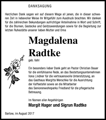 Traueranzeige von Magdalena Radtke von Neubrandenburger Zeitung