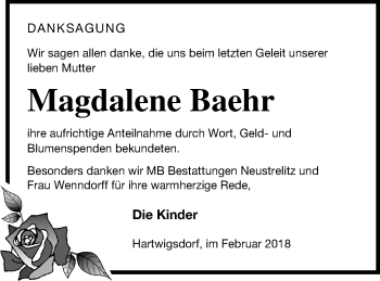 Traueranzeige von Magdalene Baehr von Strelitzer Zeitung