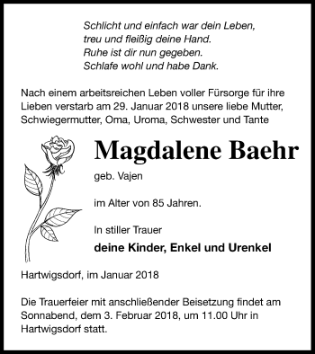 Traueranzeige von Magdalene Baehr von Strelitzer Zeitung