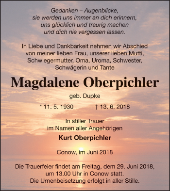 Traueranzeige von Magdalene Oberpichler von Strelitzer Zeitung