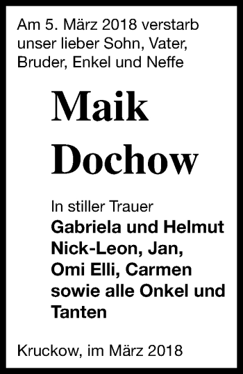 Traueranzeige von Maik Dochow von Vorpommern Kurier