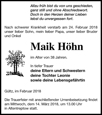 Traueranzeige von Maik Höhn von Neubrandenburger Zeitung